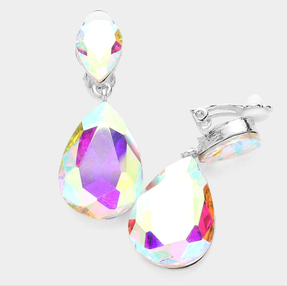 Silver Dangle Crystal Clip On Earrings 1.75 Inch Cute Teardrop Statement Jewelry